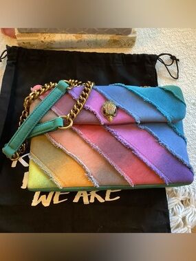 Kurt Geiger London Raw Edge Rainbow Denim Large Kensington Bag w/ Dust Cover